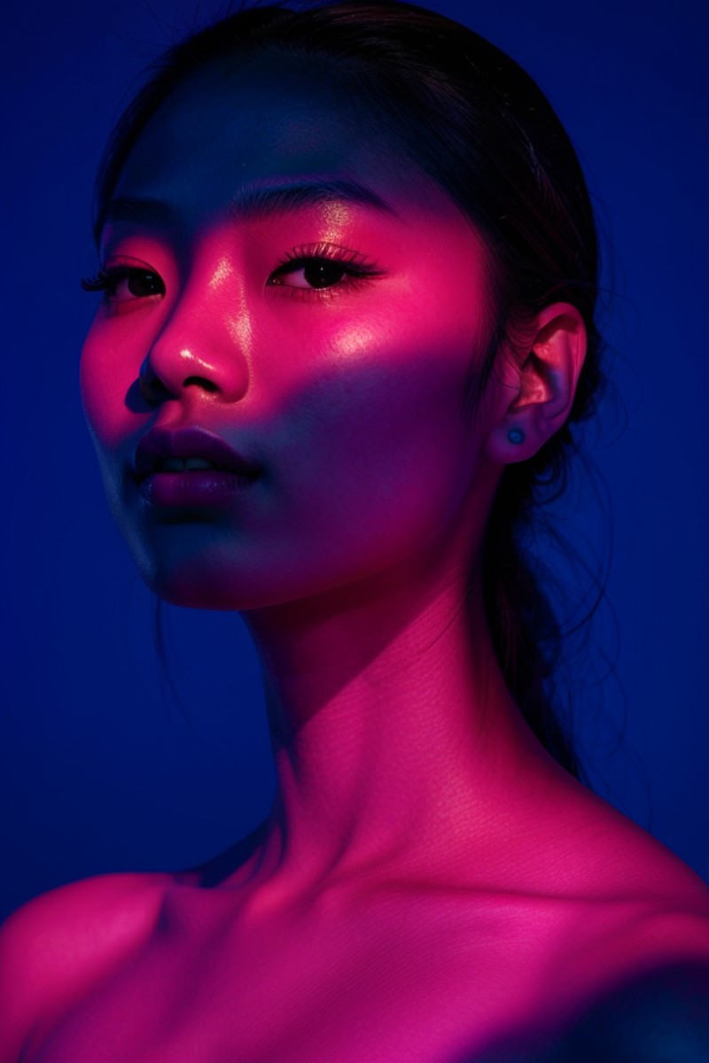 spotlight,1 asian girl,portrait,pink theme,looking at viewer,dark intense shadows,parted lips,blue background,beautiful de...
